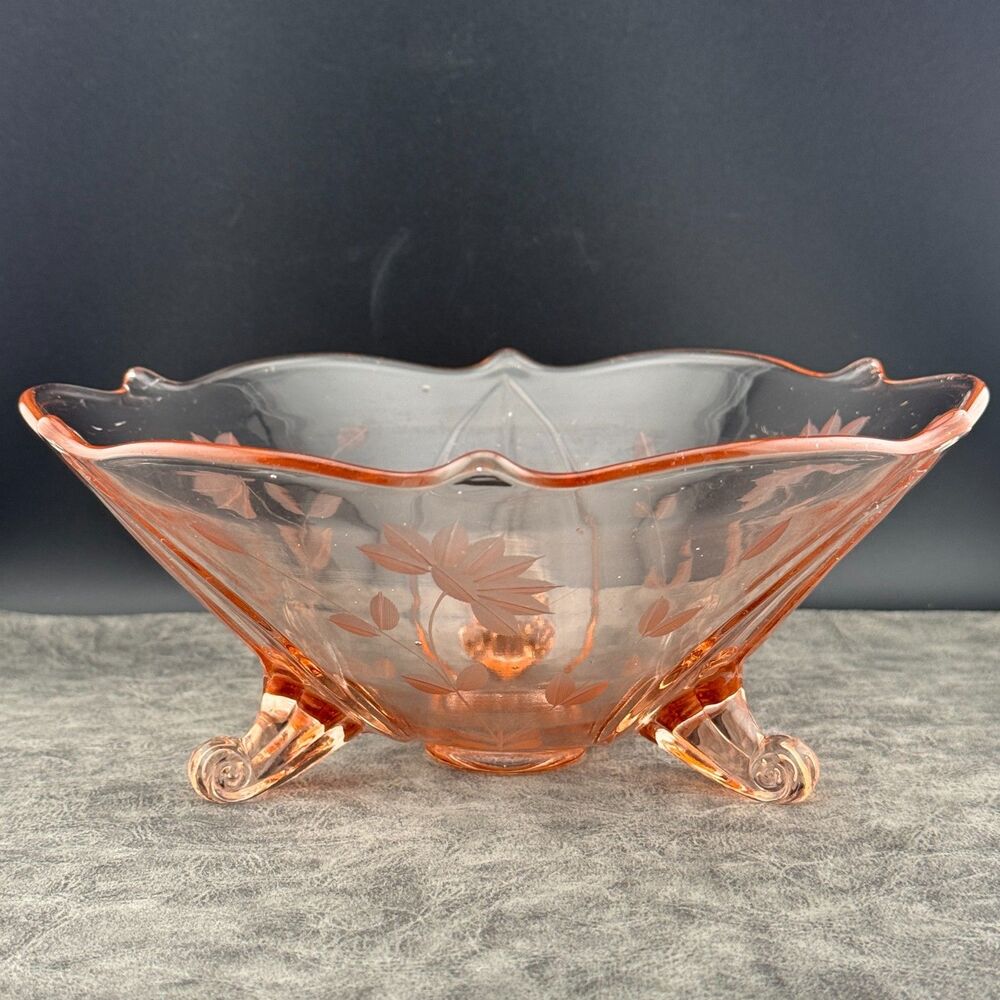 8.25 Footed Lancaster Jubilee Pink Depression Glass Floral Etched Bowl 1930s VTG